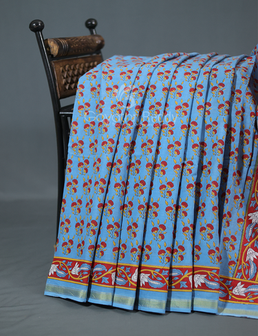 Shades of Blue Combination Printed Cotton Saree By Gayathri Reddy Designer Studio - Distacart